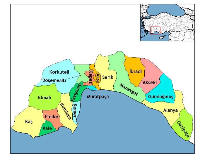 Karte der Landkreise in der Provinz Antalya