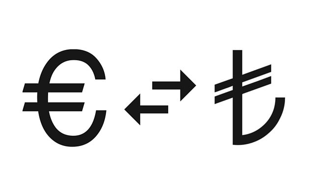 Euro Symbol und Türkische Lira Symbol, groß in schwarzer Farbe