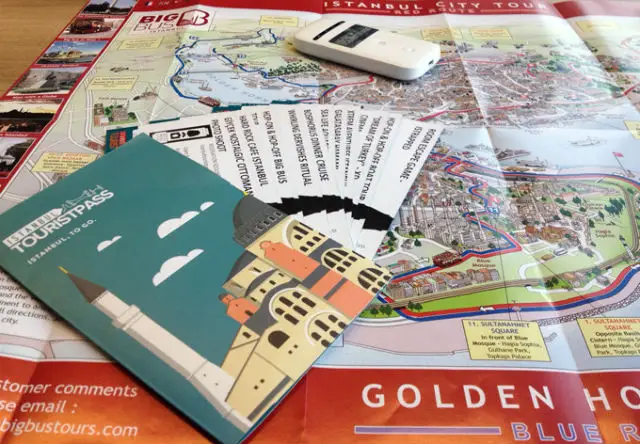 Landkarte von Istanbul, Eintrittskarten zu Sehenswürdigkeiten, Attraktionen und Aktivitäten, ein Empfänger für mobiles Internet, eine Karte für den öffentlichen Verkehr in Istanbul. Alles liegt ordentlich auf einem Tisch. 