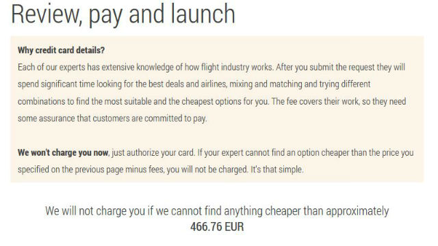 Screenshot: Bestätigung Flug, Kosten und Informationen zur Kreditkartenautorisation Screenshot Kreditkartenautorisation