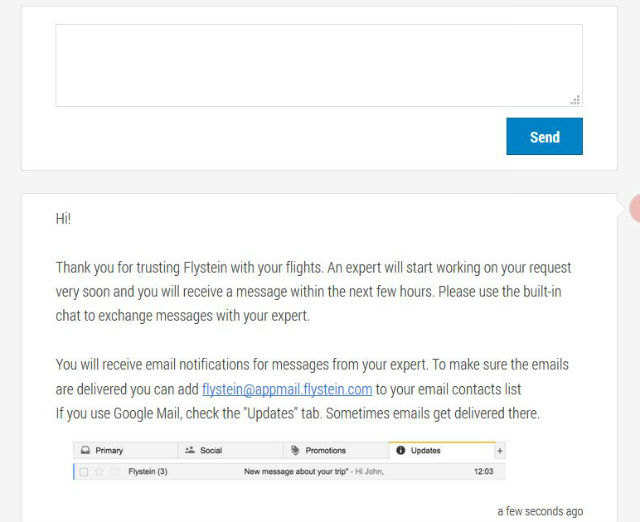 Screenshot: Chat für Flugsuche Screenshot der Website Flystein mit dem Chat und Kontaktformular