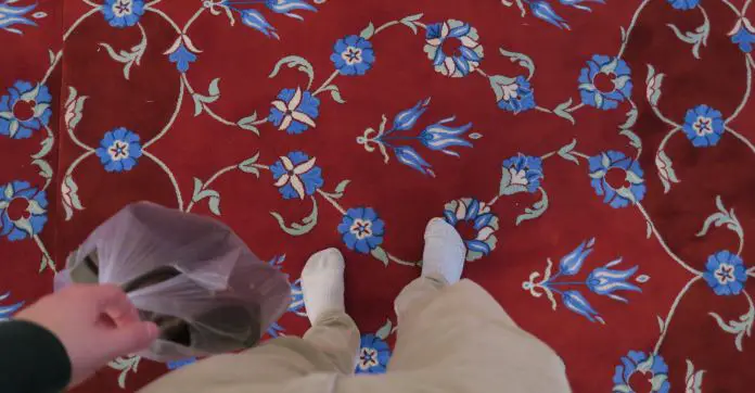 Der rote Teppichboden mit blauen Blumenmustern. Zusammen mit meinen Beinen und einer Plastiktüte mit meinen Schuhen fotografiert. 