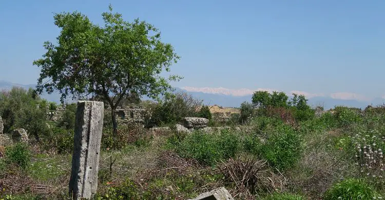 Die Natur eroberte die Ruinen von Side zurück: Gras wächst zwischen den alten Steinen und im Hintergrund ist Schnee auf den Bergen des Taurusgebirges zu sehen.