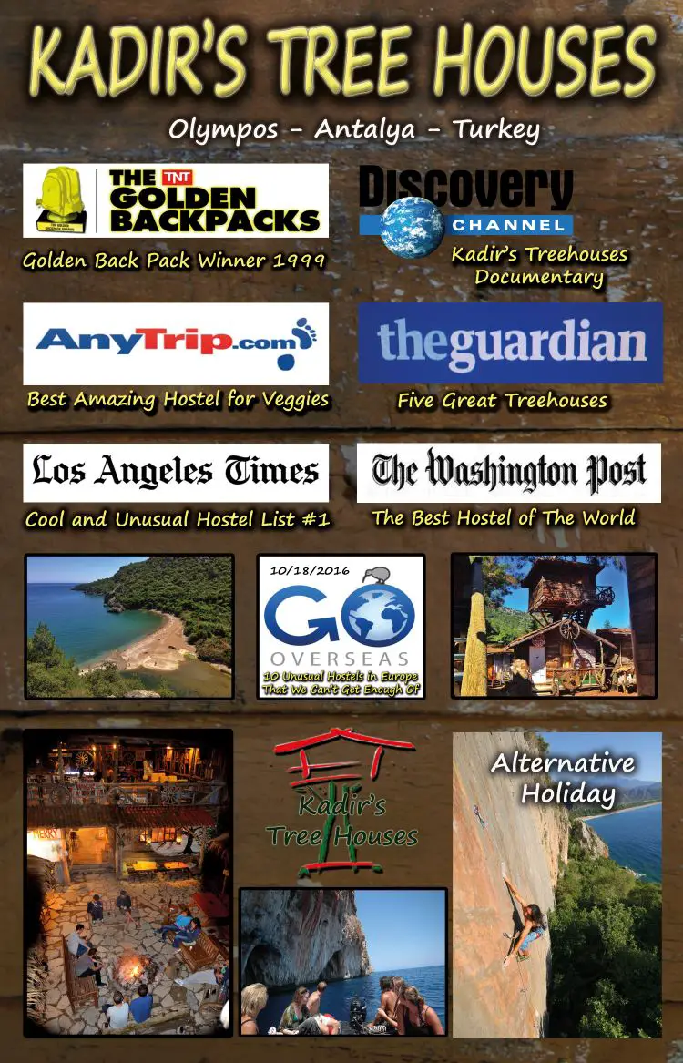 Auf dem Bild sind die Bewertungen verschiedener internationaler Zeitungen zu sehen. Darauf steht zum Beispiel: Kadir´s Tree House, das beste Hostel der Welt.