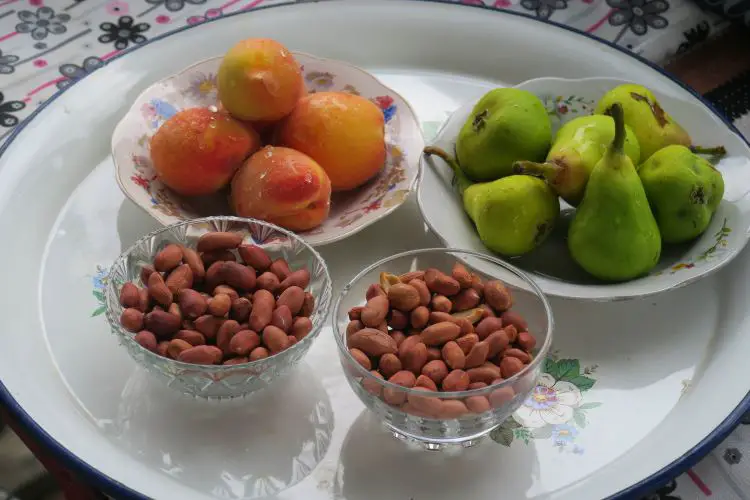 Auf einem Teller liegt frisches Obst und frische Nüsse. 