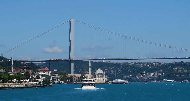 Der türkisblaue Bosporus, die Ortaköy Moschee, eine Fähre und die Bosporusbrücke. 