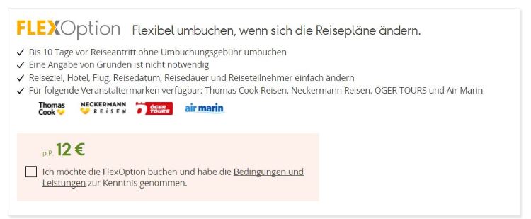 Screenshot: Flex Option von ÖGER TOURS* Screenshot mit einer Beschreibung der Flex Option