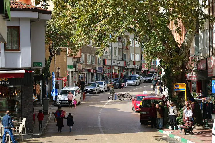 Eine belebte Straße mit Geschäften und Menschen