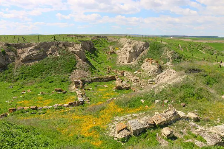 Ruinen in einem grasgrünen Feld mit gelb blühenden Blumen