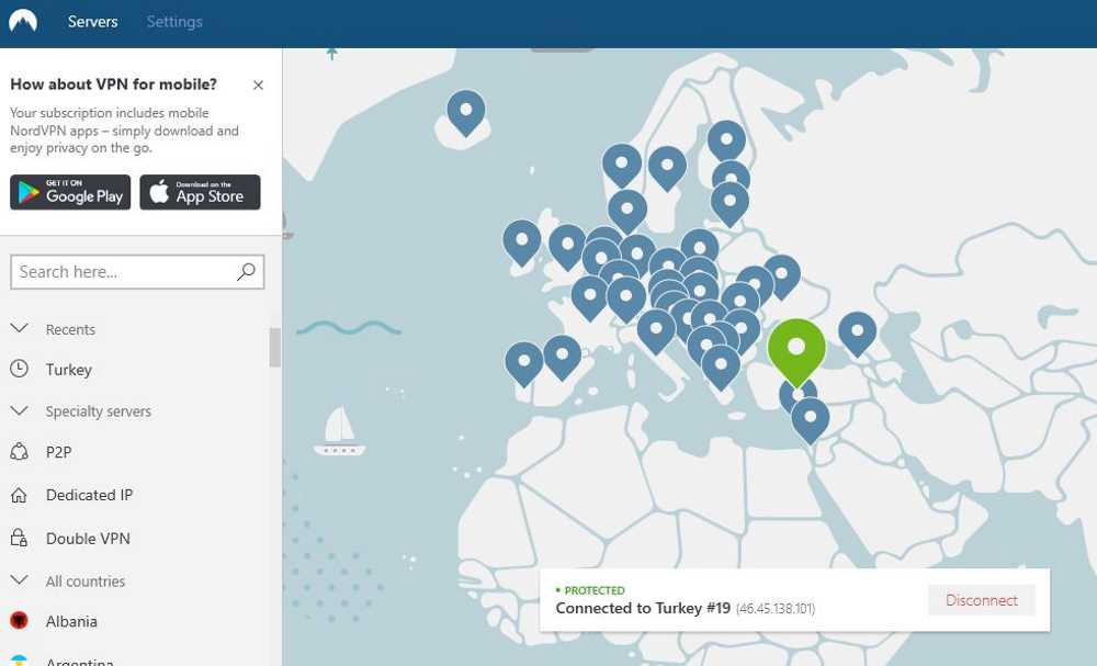 Karten Auswahl von Nord VPN mit einem Beispiel-Server in der Türkei