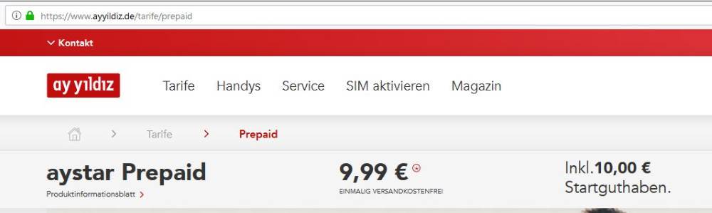 Ay Star Prepaid Karte mit Konditionen