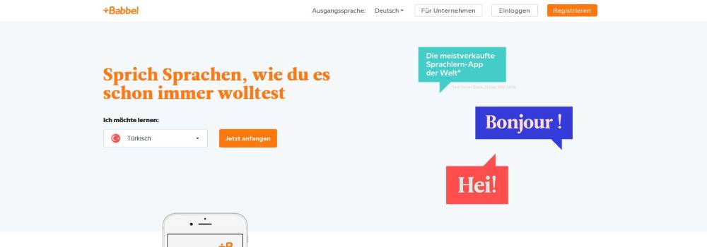 Screenshot: Anmeldeseite für den Türkisch Kurs von Babbel