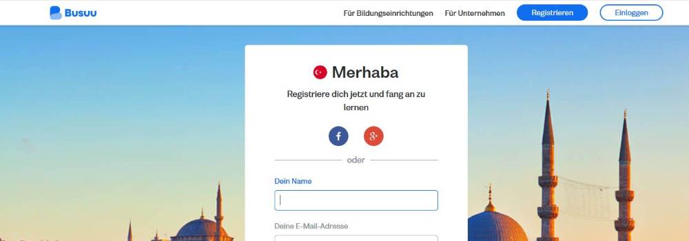 Screenshot: Anmeldeseite für den Türkisch Kurs von Busuu