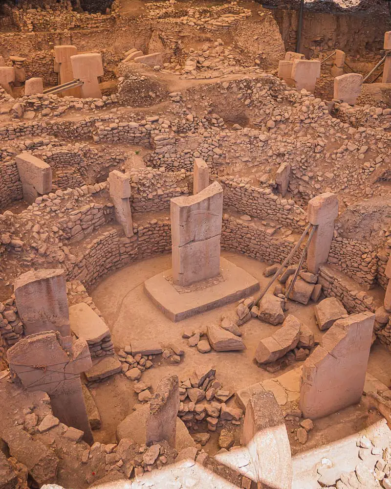 Ausgrabung in Göbekli Tepe mit den T-Steinen und dem neuen Dach