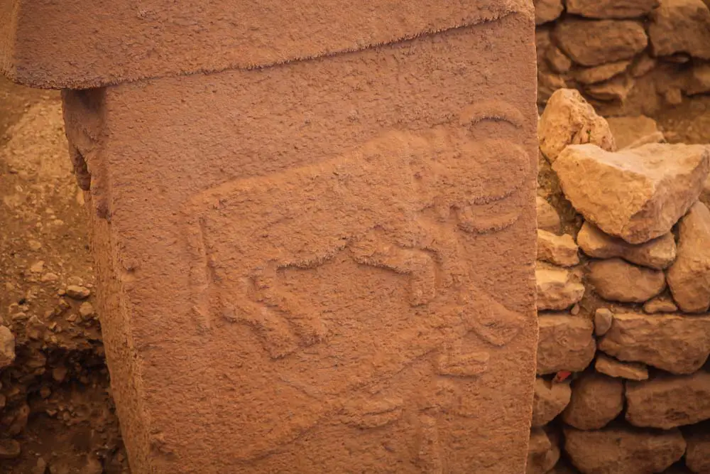 Steinfiguren in Form von Rindern auf einem der T- Steine in Göbekli Tepe