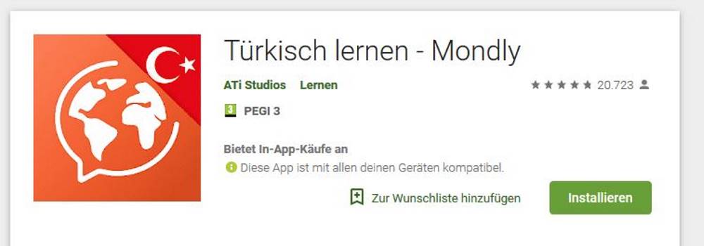 Screenshot: Türkisch lernen mit Mondly im Android App Store