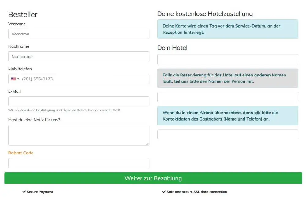 Istanbul Welcome Card Screenshot: Name und in welches Hotel geliefert werden soll