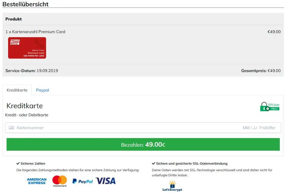 Screenshot der Bestellübersicht: die Zahlung ist mit Visa, Mastercard, AmericanExpress und PayPal möglich.
