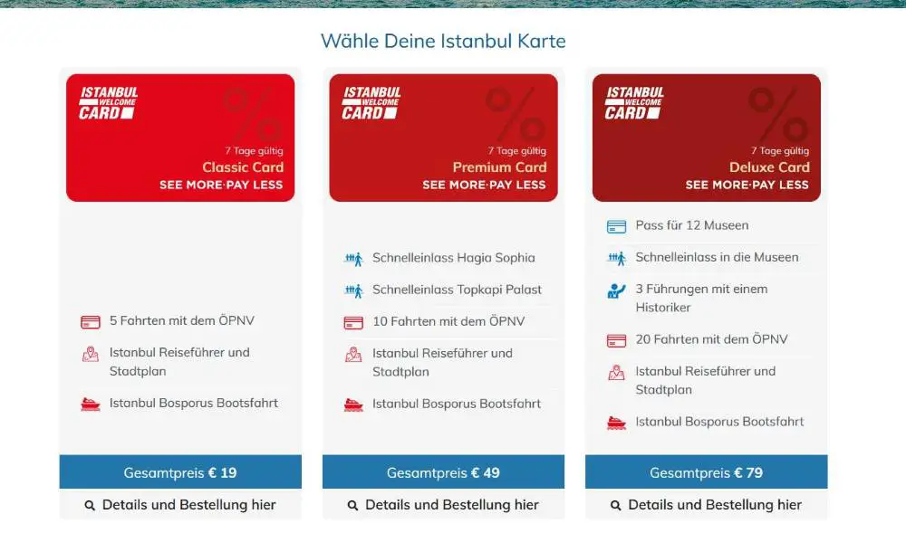 Screenshot Istanbul Welcome Card Classic, Premium und Deluxe